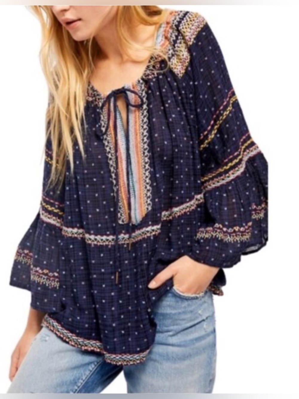 Free People “Talia” Embroidered Top in Navy/Multicolor, Boho Peasant Bell Sleeve - Picture 14 of 14